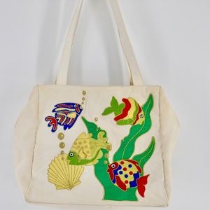 J. Renee Embroidered Tropical Fish Canvas Tote Vintage Made in Hong Kong